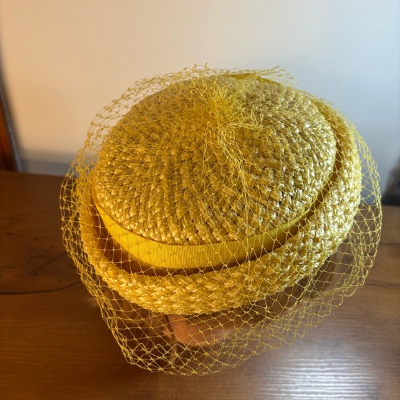 VTG 1940s 1950s Veiled Straw Woven Yellow Hat Headpiece Netting Union Made - Picture 9 of 9
